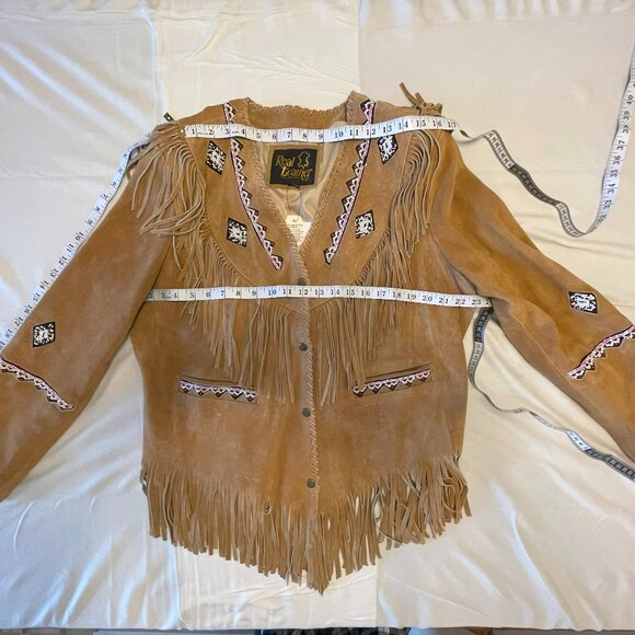 New - 2XL - Women's Brown Suede Leather Fringes Beaded Jacket - Picture 2 of 5